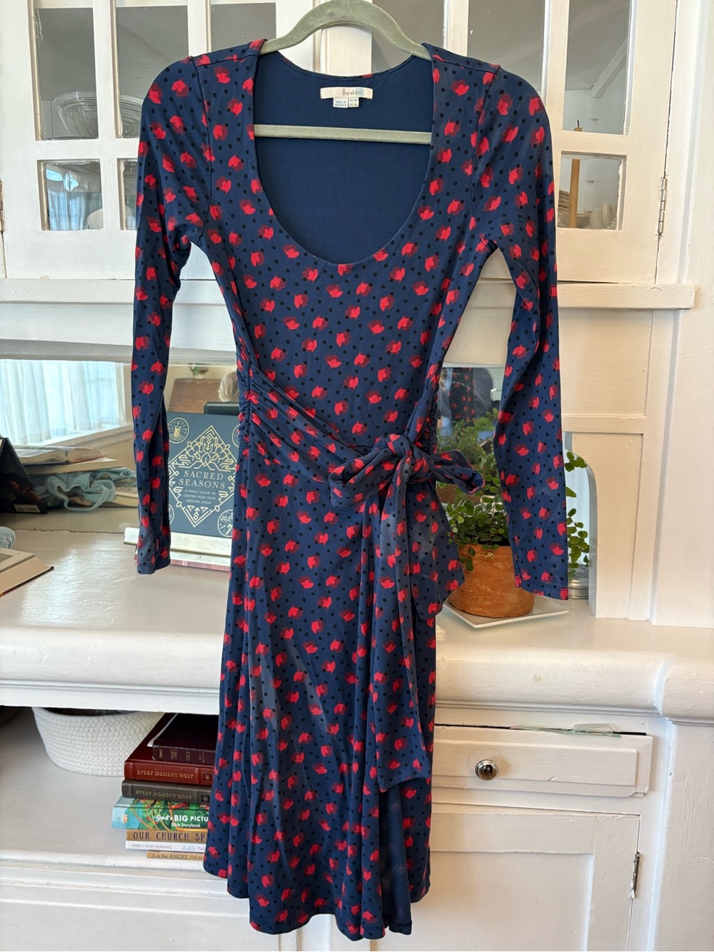 Boden Navy Wrap Dress with Red Floral Spots